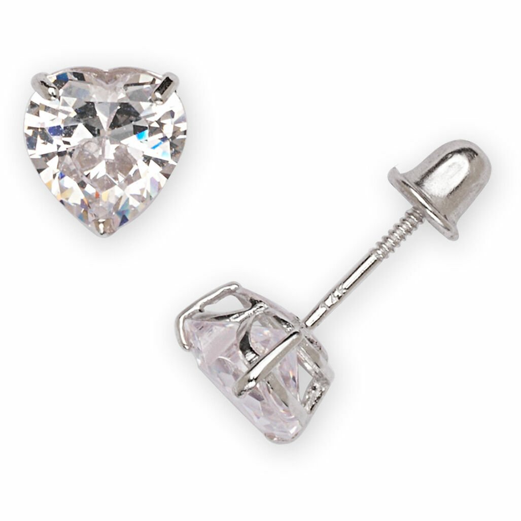 14K Solid White Gold Heart-Cut Cubic Zirconia Stud Earrings