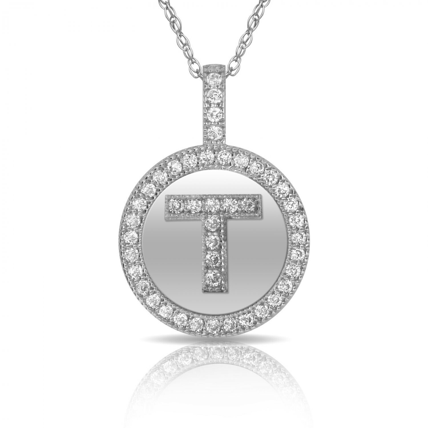 16" 14K Solid White Gold Round Circle Initial T Letter Charm Pendant & Necklace