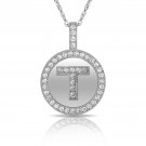 16" 14K Solid White Gold Round Circle Initial T Letter Charm Pendant & Necklace