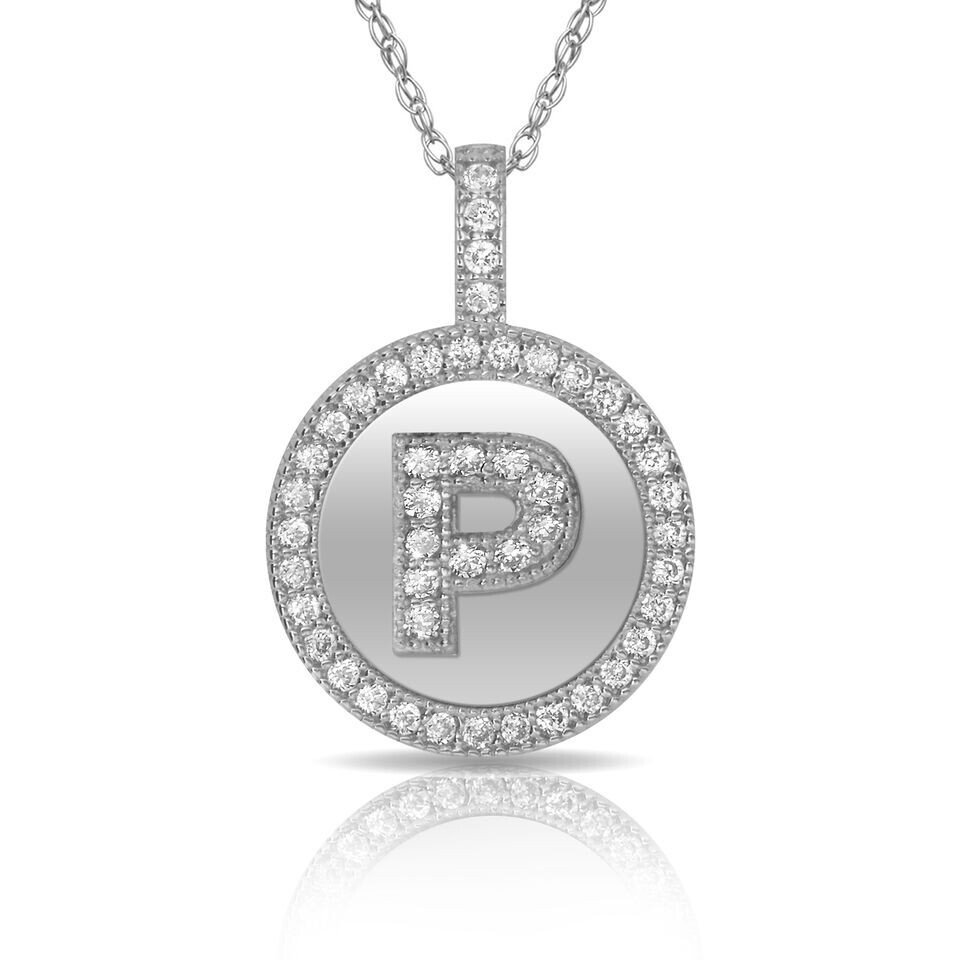 20" 14K Solid White Gold Round Initial "P" Letter Charm Pendant & Necklace