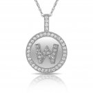 22" 14K Solid White Gold Round Circle Initial W Letter Charm Pendant & Necklace