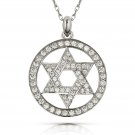 16" CHAIN 14K WHITE GOLD Simulated Diamond Star Of David In Circle Pendant