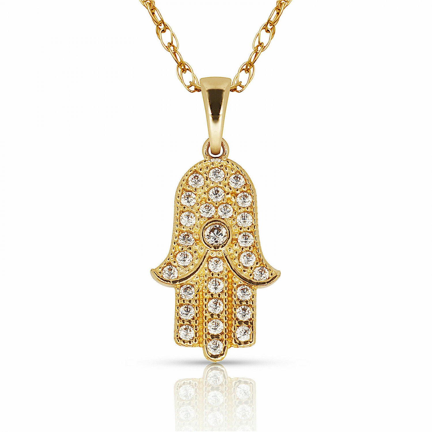 14K YellowGold 0.15TC Brilliant  HAMSA Hand Charm Pendant & CHAIN 20"