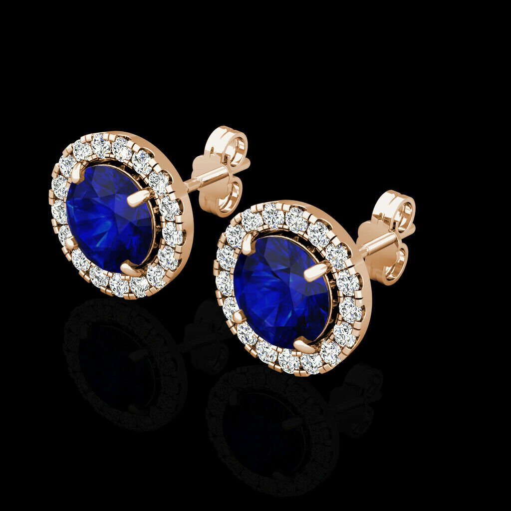 2.00CT Halo Created Sapphire Blue Diamond Stud Round Earrings 14k  simulated