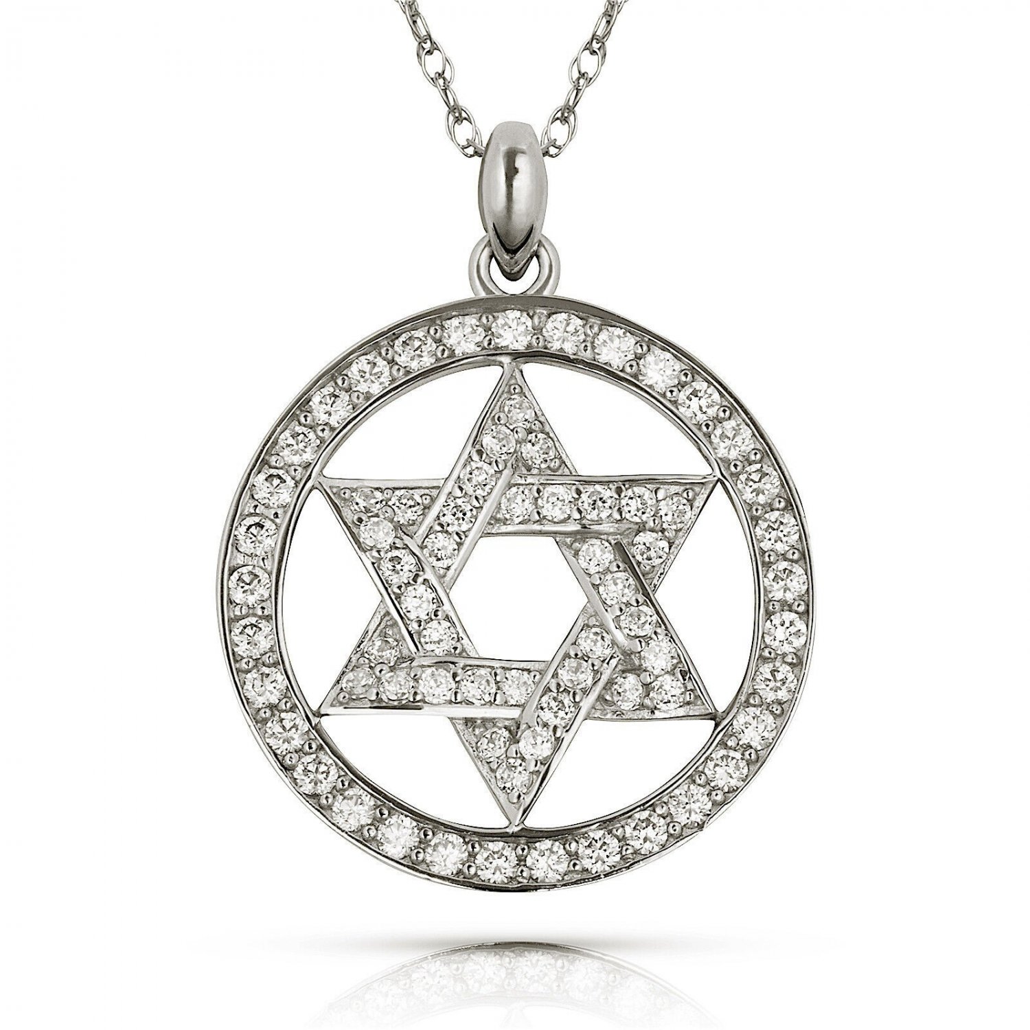 20" CHAIN 14K WHITE GOLD Simulated Diamond Star Of David In Circle Pendant