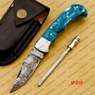 Customize Damascus Pocket Folding Knife, Groomsmen Gifts Anniversary Gift Leather Sheath