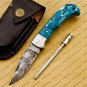 Customize Damascus Pocket Folding Knife, Groomsmen Gifts Anniversary Gift Leather Sheath