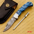 Customize Damascus Pocket Folding Knife, Groomsmen Gifts Anniversary Gift Leather Sheath