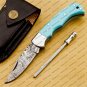 Customize Damascus Pocket Folding Knife, Groomsmen Gifts Anniversary Gift Leather Sheath