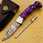 Customize Damascus Pocket Folding Knife, Groomsmen Gifts Anniversary Gift Leather Sheath