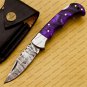 Customize Damascus Pocket Folding Knife, Groomsmen Gifts Anniversary Gift Leather Sheath