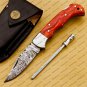 Customize Damascus Pocket Folding Knife, Groomsmen Gifts Anniversary Gift Leather Sheath