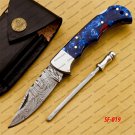 Customize Damascus Pocket Folding Knife, Groomsmen Gifts Anniversary Gift Leather Sheath