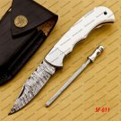 Customize Damascus Pocket Folding Knife, Groomsmen Gifts Anniversary Gift Leather Sheath