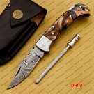 Customize Damascus Pocket Folding Knife, Groomsmen Gifts Anniversary Gift Leather Sheath
