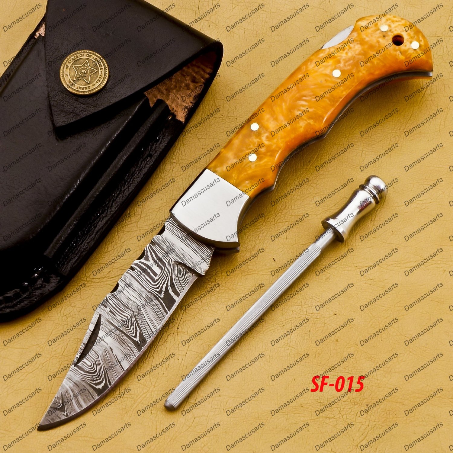 Customize Damascus Pocket Folding Knife, Groomsmen Gifts Anniversary Gift Leather Sheath