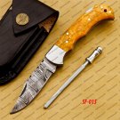 Customize Damascus Pocket Folding Knife, Groomsmen Gifts Anniversary Gift Leather Sheath