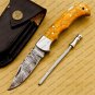 Customize Damascus Pocket Folding Knife, Groomsmen Gifts Anniversary Gift Leather Sheath
