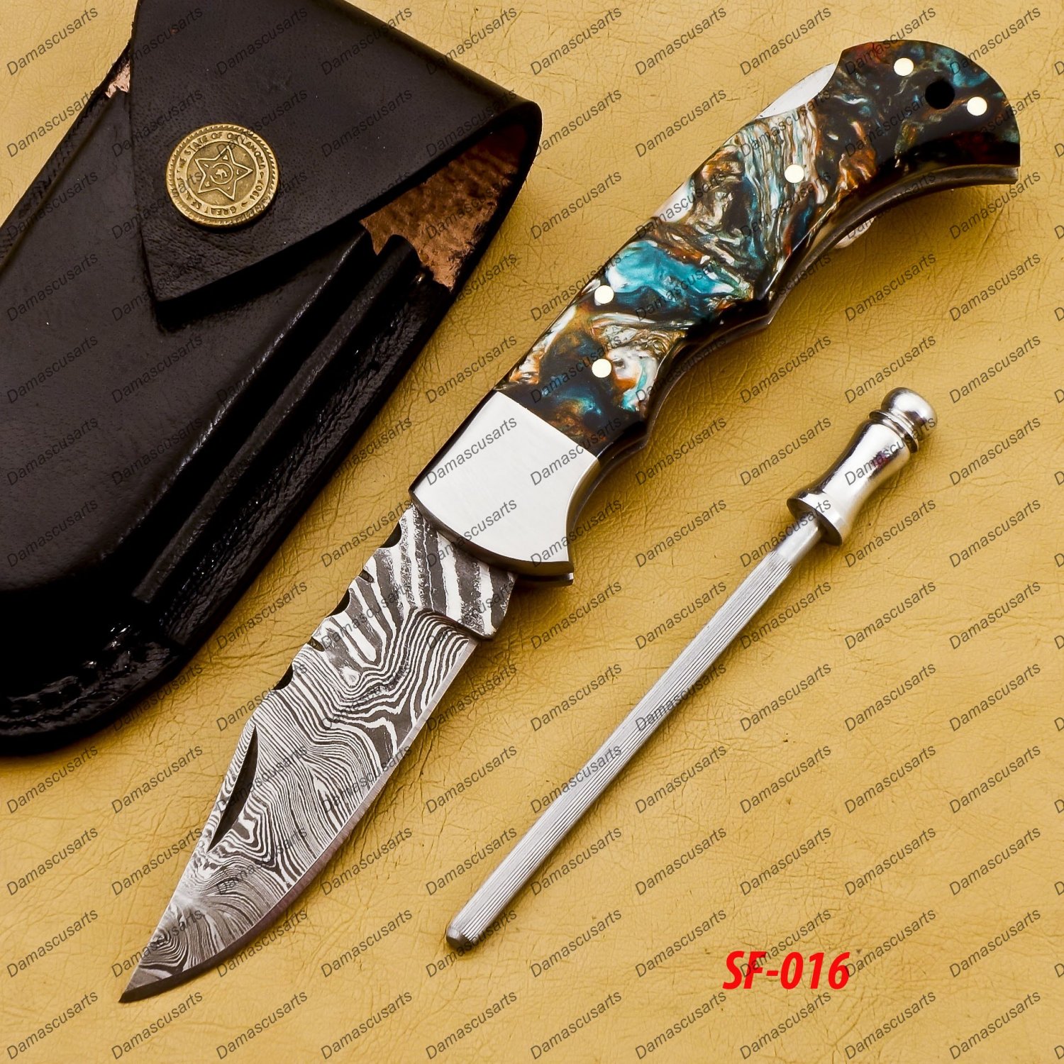 Customize Damascus Pocket Folding Knife, Groomsmen Gifts Anniversary Gift Leather Sheath
