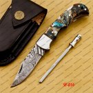Customize Damascus Pocket Folding Knife, Groomsmen Gifts Anniversary Gift Leather Sheath