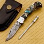 Customize Damascus Pocket Folding Knife, Groomsmen Gifts Anniversary Gift Leather Sheath