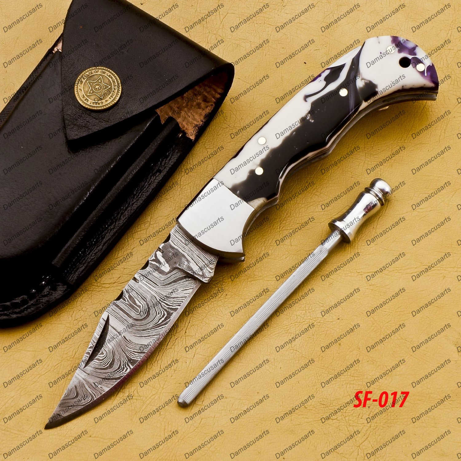 Customize Damascus Pocket Folding Knife, Groomsmen Gifts Anniversary Gift Leather Sheath