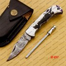 Customize Damascus Pocket Folding Knife, Groomsmen Gifts Anniversary Gift Leather Sheath
