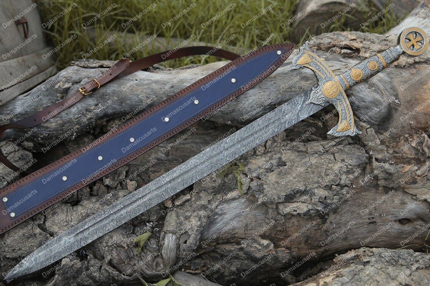 Damascus steel sword custom handmade with leather sheath, gift for him Christmas