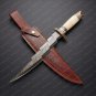 Damascus Lightning Bolt knife with Beautiful Bone & Brass Handle included Leathe