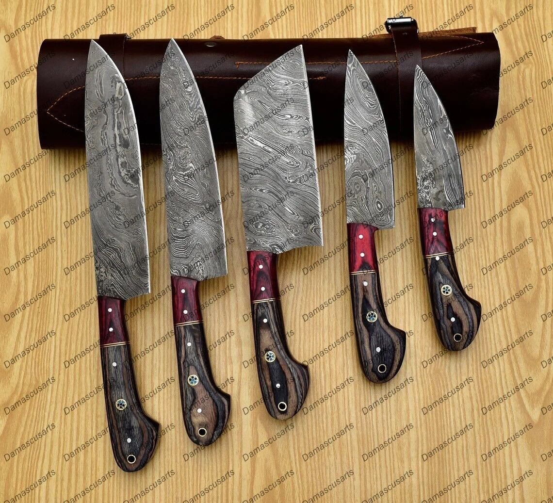 Custom Handmade Damascus Steel Blade Chef's Knives Set 5 Pcs