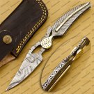 Custom Handmade Damascus Leaf Folding Knife Pocket Knife With Leather Sheath