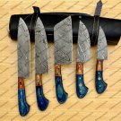 Handmade Damascus Chef set Of 5pcs With Leather, Damascus Knife Set