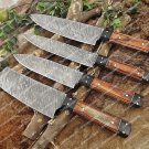 Custom Handmade Damascus Chef Set of 4 pcs Kitchen Knife, Knife Set with Leather