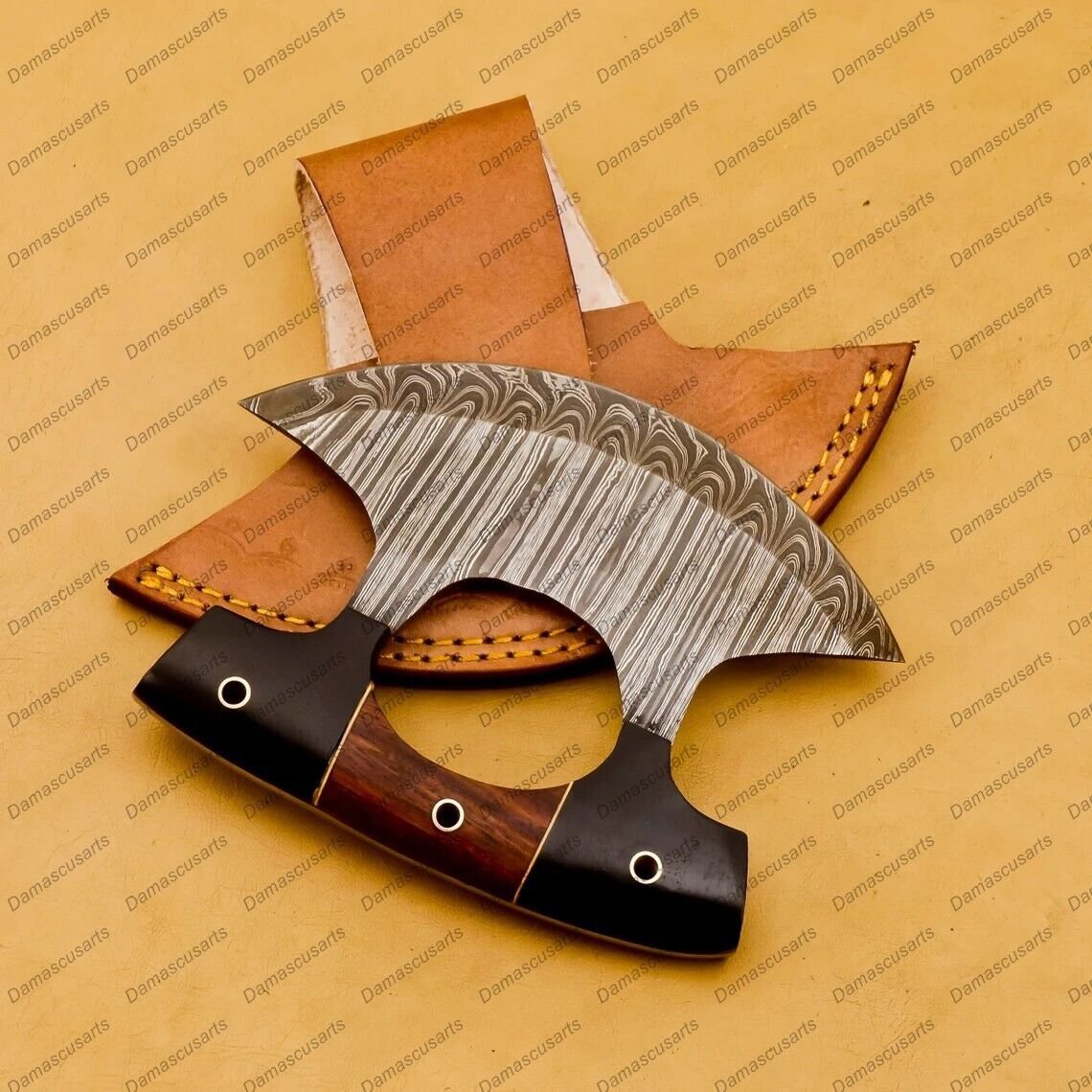 Handmade Damascus Chef Kitchen Ulu Knife Handle Koa Wood with Leather Sheath