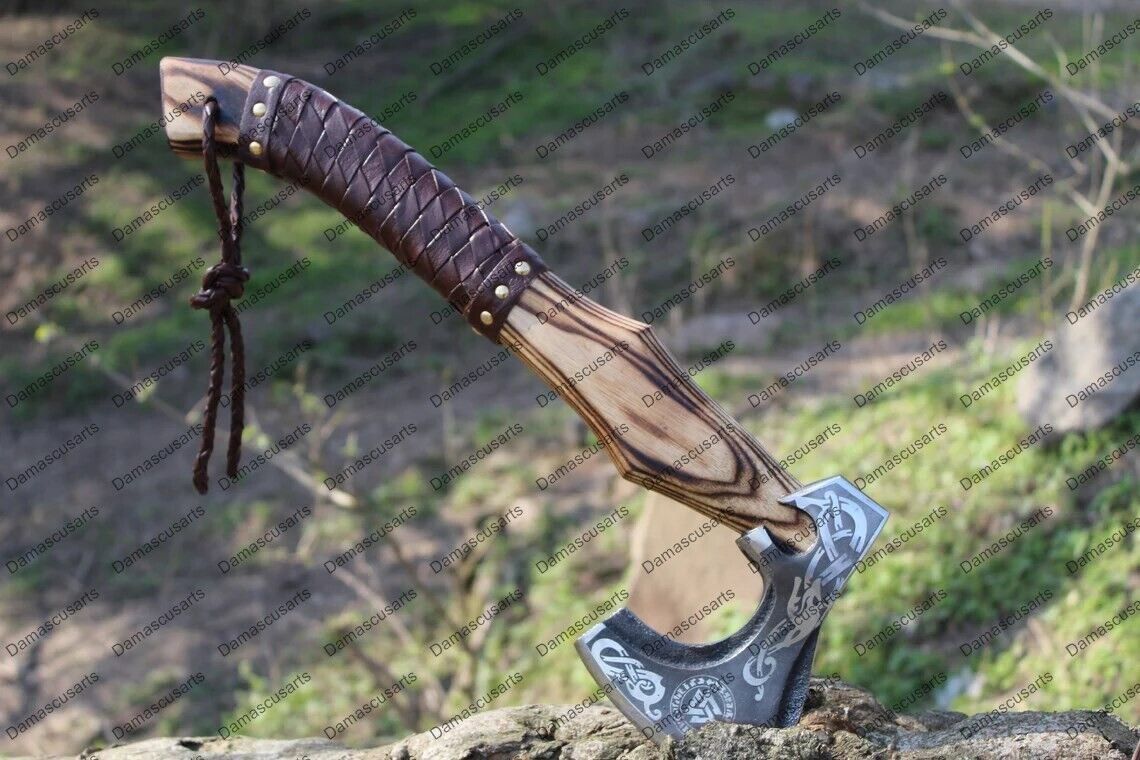 Viking Axe Custom Handmade, Engraved High Carbon Steel Blade, Axe With Sheath