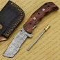 Damascus Pocket Knife Handmade Damascus Folding Knife + Leather Cover Hand Made