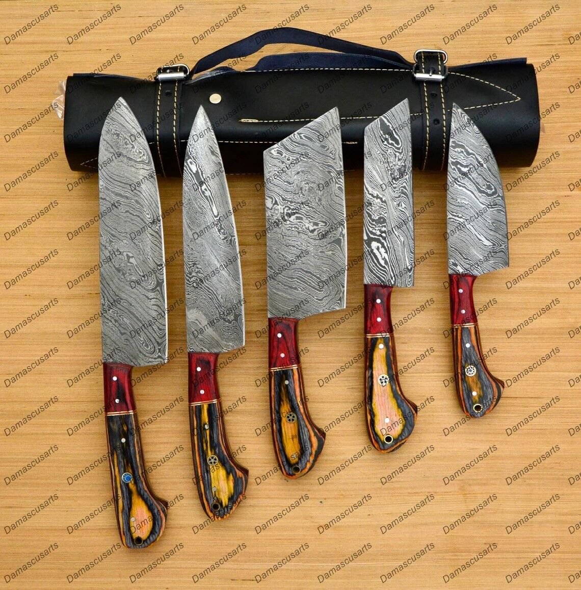 Custom Handmade Damascus Chef Set of 5pcs with Leather Cover Kitchen Knife Set
