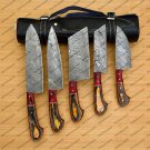 Custom Handmade Damascus Chef Set of 5pcs with Leather Cover Kitchen Knife Set