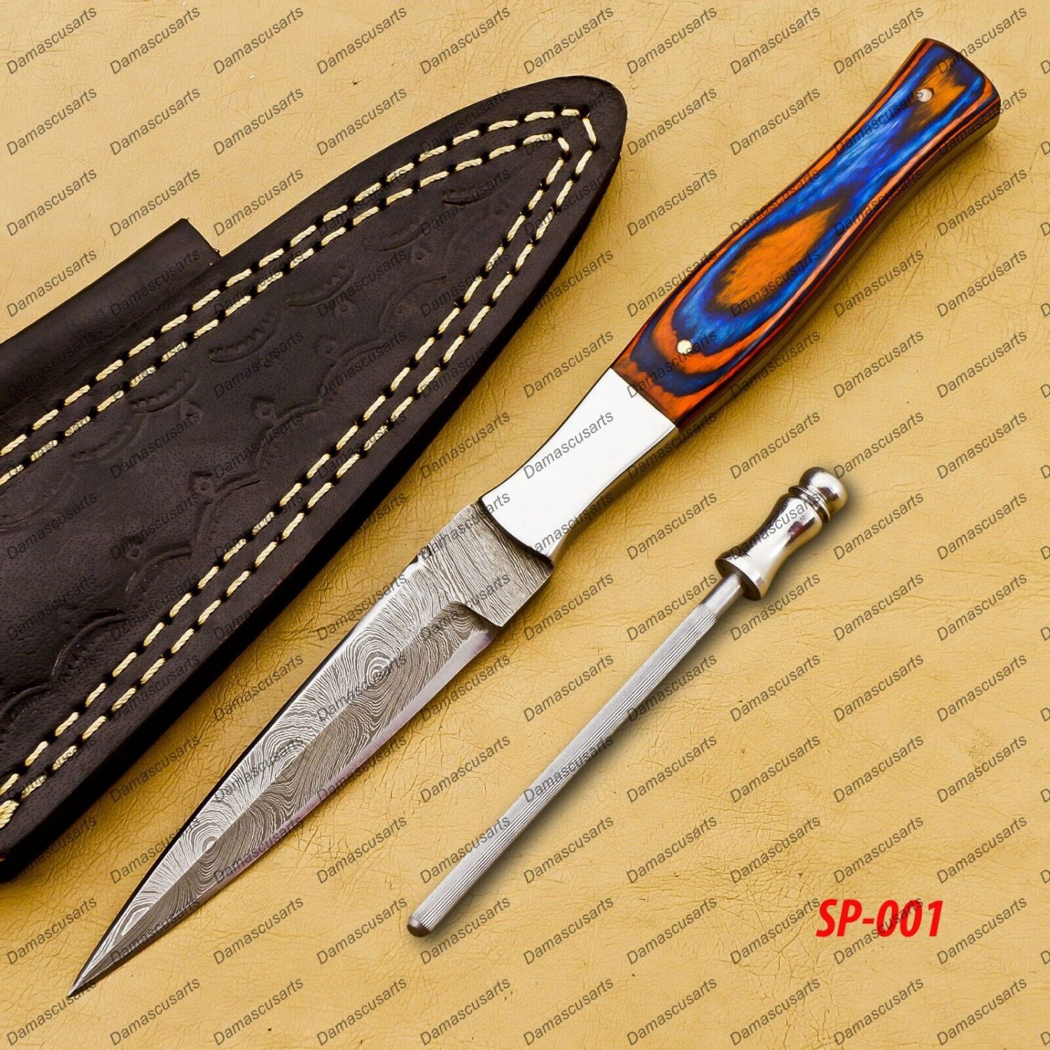 Dagger Knife Handmade Damascus Double Edge Boot Knife Hand Forged + sheath