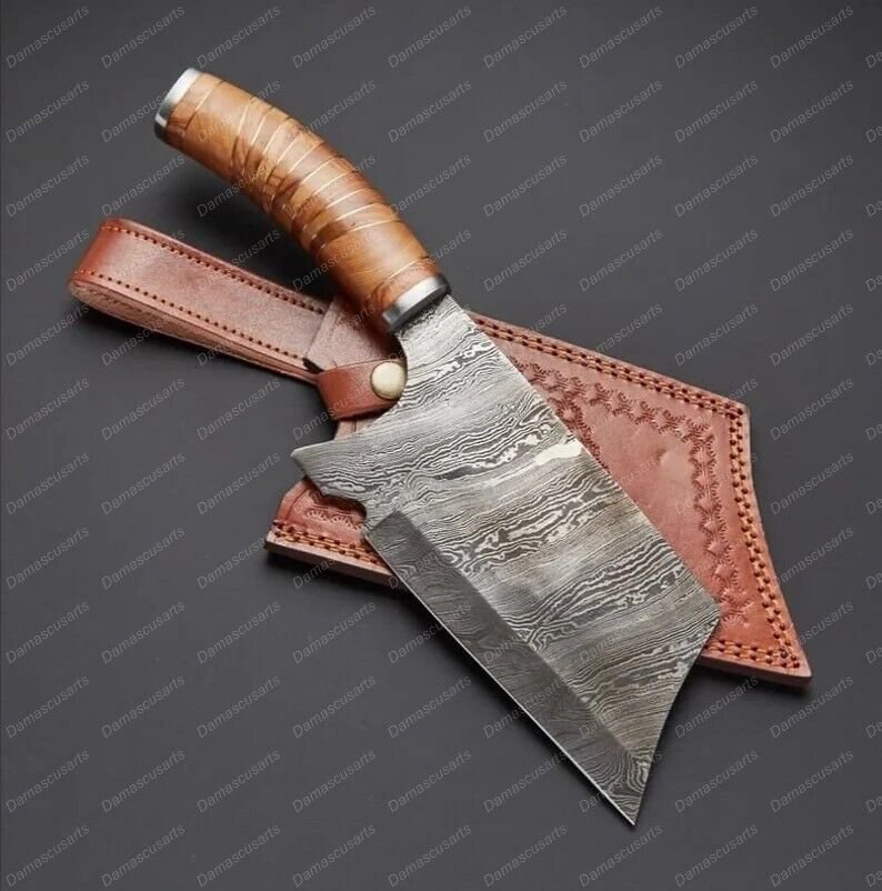 Damascus Cleaver / Chopper Chef knife with Beautiful Wood Handle included Leathe