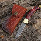 Custom Handmade Damascus Steel Pocket Folding Knife Stained Wood Handle + Sheath