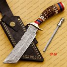 Custom Handmade Hunter Knife Damascus Steel Tanto Knife Handle Deer Antlar Cover