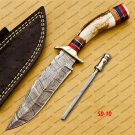 Custom Handmade Deer Antler Handle Fixed Blade Damascus Hunting Knife + Sheath