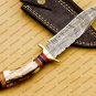 Custom Handmade Deer Antler Handle Fixed Blade Damascus Hunting Knife + Sheath