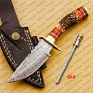 8" Inch Handmade Damascus Steel Hunting knife Handle Deer Antler leather Sheath