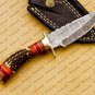 8" Inch Handmade Damascus Steel Hunting knife Handle Deer Antler leather Sheath