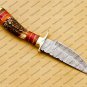 8" Inch Handmade Damascus Steel Hunting knife Handle Deer Antler leather Sheath