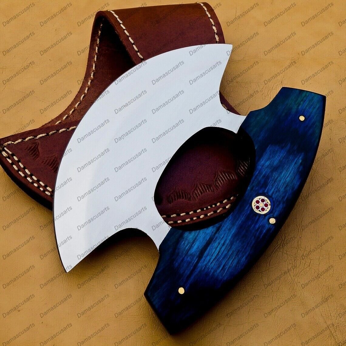 Handmade D2 Ulu Knife Chef Knife Heavy Duty D2 Handle Rose Wood + Leather Sheath