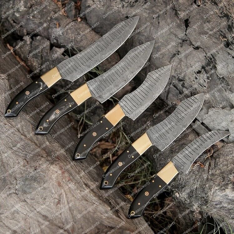 Custom Hand Made Damascus Chef Knife Set Brass Bolster Bull Horn Handle