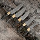 Custom Hand Made Damascus Chef Knife Set Brass Bolster Bull Horn Handle